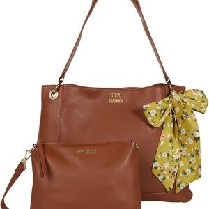 Steve Madden Brown Tote with Matching Pouch and Yellow Floral Scarf
